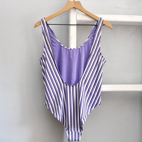 Weekday Purple White Emerald Vertical Stripe One Piece Swimsuit Size Large - Picture 3 of 5